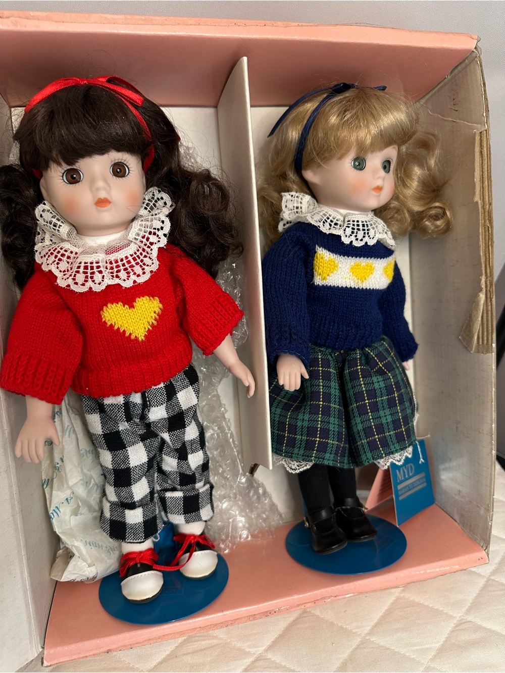 Vintage Marian Yu Designs 12” Porcelain Heirloom Dolls Set Of 2 1987 Certificate